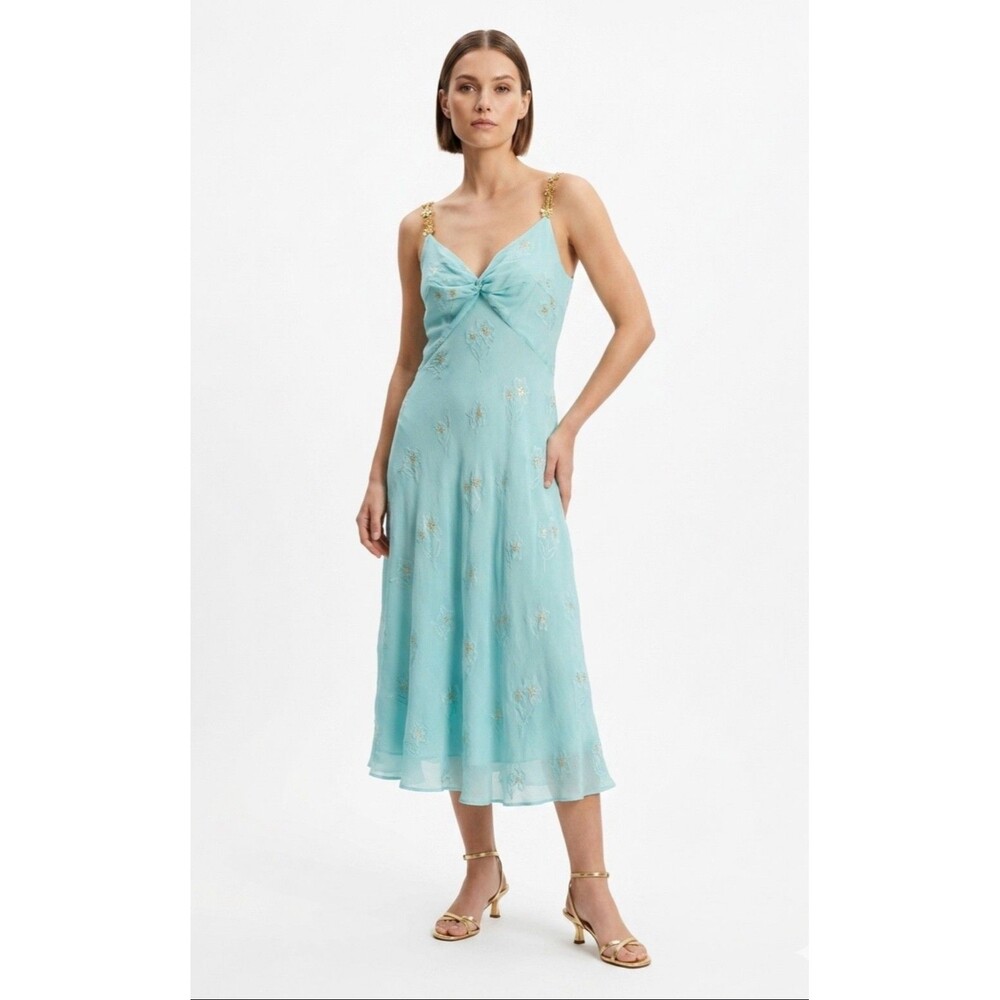 Archival Milly of New York Silk & Gold Metallic Floral Midi Dress – Size 8